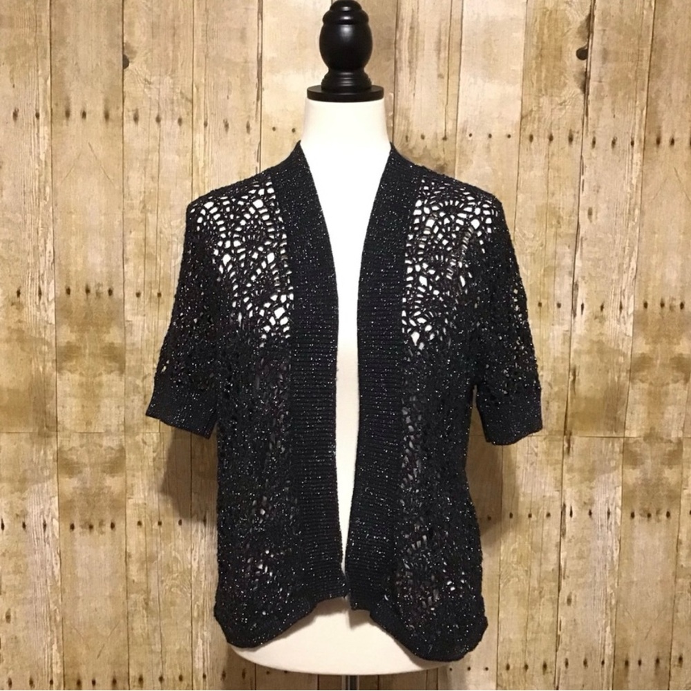 Cable & Gauge Black Metallic Silver Open Front Cardigan Size L